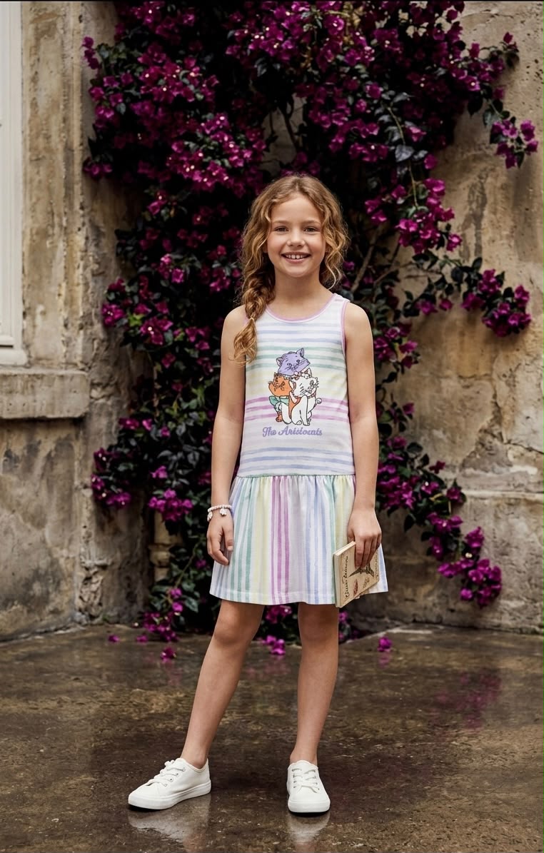 Disney Aristocats Girls Rainbow Stripe Sleeveless Cotton Frock | Summer Dress for Kids