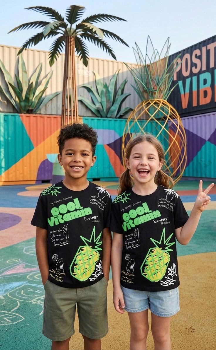 Kids "Cool Vitamin" Neon Summer Graphic Tee – Black