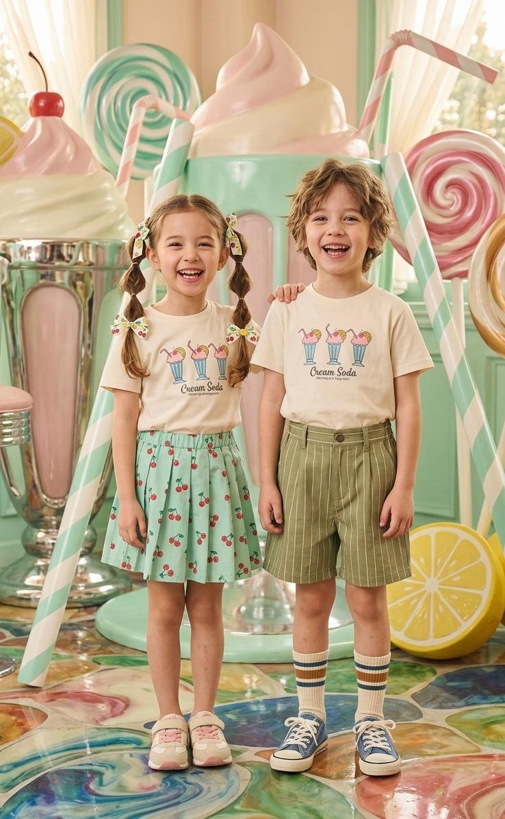 Kids Cream Summer Cotton T-Shirt - Pink Ice Cream Soda Print