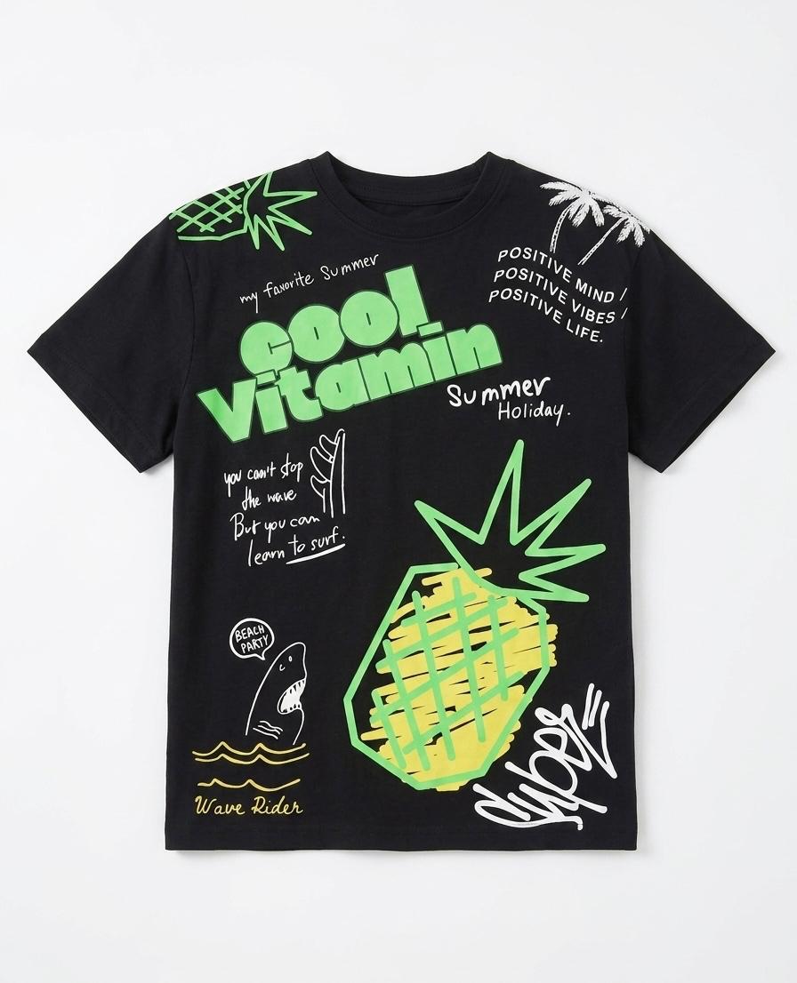 Kids "Cool Vitamin" Neon Summer Graphic Tee – Black