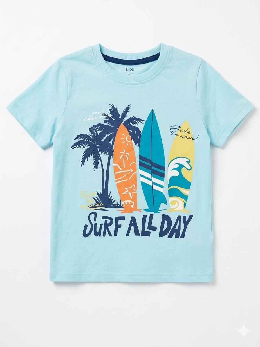 Kids "Surf All Day" Premium Cotton Graphic Tee – Sky Blue